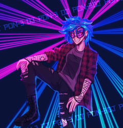 Size: 2048x2134 | Tagged: safe, artist:eddiesuckz, dj pon-3, vinyl scratch, human, g4, boots, clothes, female, high res, humanized, neon, pants, ripped pants, shoes, smiling, solo, sunglasses, torn clothes