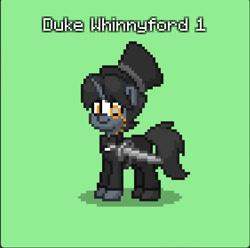 Size: 563x558 | Tagged: safe, oc, oc only, oc:duke canterford i, pony, unicorn, blaze (coat marking), bowtie, clothes, coat markings, facial markings, green background, hat, horn, monocle, simple background, solo, sword, top hat, unicorn oc, weapon