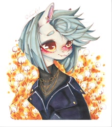 Size: 948x1080 | Tagged: safe, artist:dorry, oc, oc only, pony, blushing, chains, clothes, cotton, fangs, gold, golden chain, jacket, jewelry, leather, leather jacket, marker drawing, simple background, solo, traditional art, white background