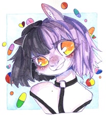 Size: 949x1080 | Tagged: safe, artist:dorry, oc, oc only, pony, belt, blue background, bust, cute, cute little fangs, fangs, looking away, marker drawing, pill, portrait, simple background, solo, traditional art, two toned hair, white background