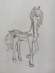 Size: 3456x4608 | Tagged: safe, artist:pegasus_fs, oc, oc only, oc:whisper code, bat pony, pony, bat wings, braid, chest fluff, fallout, female, folded wings, freckles, lineart, mare, monochrome, simple background, slender, solo, thin, traditional art, unshorn fetlocks, wings