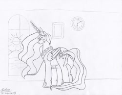 Size: 1600x1241 | Tagged: safe, artist:xyclone, princess celestia, alicorn, pony, g4, butt, chubby, clock, female, implied vore, mare, plot, raising the sun, signature, sunrise, traditional art, weight gain