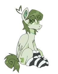 Size: 1257x1620 | Tagged: safe, artist:beetlebonez, oc, oc only, pegasus, pony, clothes, green coat, green eyes, green mane, looking at you, looking back, simple background, sitting, socks, solo, transparent background, wings, wings down