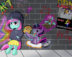 Size: 2800x2200 | Tagged: safe, artist:amateur-draw, twilight sparkle, oc, oc only, oc:belle boue, alicorn, pony, unicorn, bipedal, burger, clothes, covered in mud, crossdressing, donut, edgy, edgy as fuck, food, graffiti, hay burger, high res, hoodie, leaning, mud, mud bath, mud mask, pencil, poster, propaganda, skirt, solo, tongue out, twilight sparkle (alicorn), wall, wet and messy