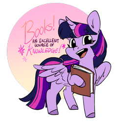 Size: 1039x1098 | Tagged: safe, artist:cosmalumi, twilight sparkle, alicorn, pony, g4, book, bookhorse, simple background, solo, text, that pony sure does love books, transparent background, twilight sparkle (alicorn)