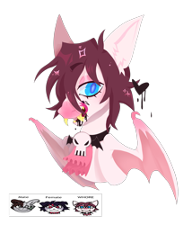 Size: 1853x2161 | Tagged: safe, artist:beetlebonez, oc, oc only, bat pony, pony, blood, blue eyes, bust, fangs, forked tongue, heart, licking, licking lips, lineless, looking at you, pink coat, red mane, simple background, tongue out, transparent background