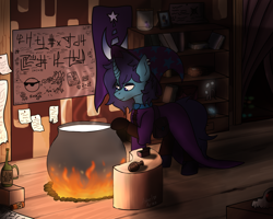 Size: 3375x2700 | Tagged: safe, artist:ashel_aras, oc, oc only, oc:beatrice mills, changeling, pony, unicorn, board, boiler, book, bookshelf, changeling oc, clothes, coat of arms, costume, detailed background, duo, ear piercing, earring, fire, flower, glowing, glowing eyes, hat, high res, jar, jewelry, photography, piercing, potion, potion making, smiling, smirk, witch, witch costume, witch hat