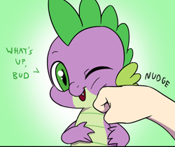 Size: 800x673 | Tagged: safe, artist:doublewbrothers, edit, spike, dragon, human, g4, cropped, cute, green background, looking at you, nudge, one eye closed, simple background, smiling, smiling at you, spikabetes