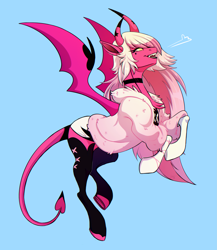 Size: 3151x3631 | Tagged: safe, artist:1an1, demon, demon pony, pony, succubus, succubus pony, chest fluff, choker, clothes, demon wings, devil tail, female, hellaverse, hellborn, helluva boss, high res, jacket, open mouth, ponified, simple background, smiling, solo, spread wings, spring broken, tail, verosika mayday, wings