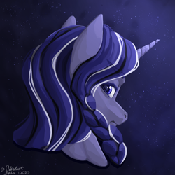 Size: 4000x4000 | Tagged: safe, artist:stardustspix, oc, oc only, oc:coral eve, pony, unicorn, fallout equestria, fallout equestria: murky number seven, abstract background, bust, cracked horn, fanfic art, female, horn, looking at you, looking back, looking back at you, mare, portrait, solo, sternocleidomastoid