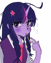 Size: 1686x2073 | Tagged: safe, artist:parappaya, twilight sparkle, human, equestria girls, g4, female, food, horn, horned humanization, humanized, pocky, simple background, solo, white background