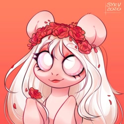 Size: 1000x1000 | Tagged: safe, artist:survya, part of a set, oc, oc only, earth pony, pony, albino, colored sclera, cute, daaaaaaaaaaaw, ear cleavage, earth pony oc, female, floral head wreath, flower, flower in hair, lips, mare, red background, simple background, solo, white mane, white pupils