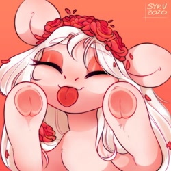 Size: 1000x1000 | Tagged: safe, artist:survya, part of a set, oc, oc only, earth pony, pony, albino, cute, daaaaaaaaaaaw, ear cleavage, earth pony oc, eyes closed, female, floral head wreath, flower, flower in hair, frog (hoof), hoofbutt, licking, licking the fourth wall, lips, mare, mascara, red background, simple background, solo, tongue out, underhoof, white mane