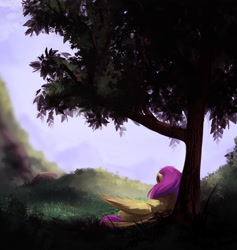 Size: 1407x1486 | Tagged: safe, artist:itssim, fluttershy, pegasus, pony, g4, female, mare, mountain, scenery, solo, tree, under the tree