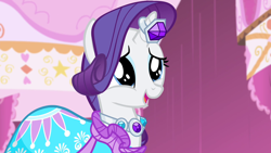 Size: 1280x720 | Tagged: safe, screencap, rarity, pony, unicorn, g4, simple ways, clothes, cute, dress, female, hnnng, horn, horn ring, mare, open mouth, raribetes, ring, solo, squishy cheeks, wide eyes