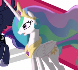 Size: 1200x1080 | Tagged: safe, screencap, princess celestia, princess luna, alicorn, pony, g4, cropped, duo, jewelry, regalia, simple background, windswept mane