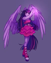 Size: 1465x1799 | Tagged: safe, artist:psyck, twilight sparkle, alicorn, equestria girls, g4, clothes, dress, female, glowing, glowing horn, horn, magic, ponied up, simple background, solo, twilight sparkle (alicorn)