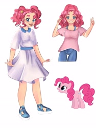 Size: 2304x3072 | Tagged: safe, artist:starlet_black_, pinkie pie, earth pony, human, pony, g4, alternate hairstyle, clothes, dress, female, high res, humanized, pants, shirt, simple background, solo, white background