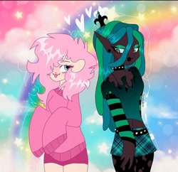 Size: 716x692 | Tagged: safe, artist:mmichelleartss, queen chrysalis, oc, oc:fluffle puff, human, anthro, g4, duo, duo female, female, humanized