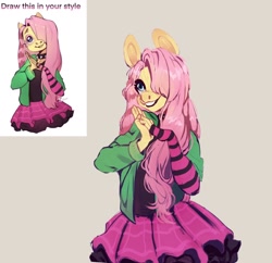 Size: 1280x1238 | Tagged: safe, artist:fedos, artist:s'kostral, fluttershy, anthro, dtiys emoflat, g4, choker, clothes, cute, draw this in your style, evening gloves, female, fingerless elbow gloves, fingerless gloves, gloves, hair over one eye, hoodie, long gloves, simple background, skirt, solo, spiked choker, striped gloves, sweater