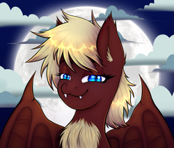 Size: 5439x4620 | Tagged: safe, artist:fraiter, oc, oc only, oc:trinity, bat pony, pony, undead, vampire, vampire bat pony, vampony, bust, chest fluff, cloud, commission, fangs, female, mare, moon, night, outdoors, portrait, solo, spread wings, wings