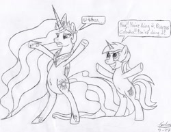 Size: 1600x1237 | Tagged: safe, artist:xyclone, lyra heartstrings, princess celestia, alicorn, pony, unicorn, g4, belly button, bipedal, chubby, dialogue, female, signature, traditional art