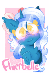 Size: 2000x3000 | Tagged: safe, artist:stinkygooby, oc, oc only, oc:fleurbelle, alicorn, pony, alicorn oc, blushing, bow, female, hair bow, heart, heart eyes, high res, horn, looking at you, mare, smiling, smiling at you, solo, wingding eyes, wings, yellow eyes