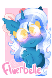 Size: 2000x3000 | Tagged: safe, artist:stinkygooby, oc, oc only, oc:fleurbelle, alicorn, pony, alicorn oc, blushing, bow, colored eyelashes, colored pupils, commission, female, hair bow, heart, heart eyes, high res, horn, looking at you, mare, smiling, smiling at you, solo, wingding eyes, wings, ych result, yellow eyes