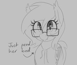 Size: 975x814 | Tagged: safe, artist:thebatfang, oc, oc:aurora blossom, bat pony, pony, gray background, implied bedwetting, implied urine, implied wetting, monochrome, simple background, sketch, solo