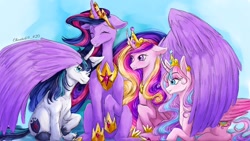 Size: 1280x720 | Tagged: safe, artist:chaotic69_420, princess cadance, princess flurry heart, shining armor, twilight sparkle, alicorn, pony, unicorn, g4, the last problem, aunt and niece, brother and sister, eyes closed, family, father and child, father and daughter, female, grin, hug, male, mother and child, mother and daughter, older, older flurry heart, older twilight, older twilight sparkle (alicorn), one eye closed, princess twilight 2.0, siblings, smiling, stallion, twilight sparkle (alicorn), winghug, wings