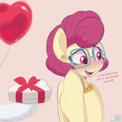 Size: 2500x2500 | Tagged: safe, artist:pyropk, posey shy, pegasus, pony, g4, balloon, blushing, cute, dialogue, disembodied hoof, female, glasses, heart, heart balloon, hearts and hooves day, high res, implied marriage, jewelry, looking away, mare, necklace, offscreen character, pearl necklace, pink background, posey shyabetes, simple background, solo focus