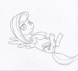 Size: 2200x2000 | Tagged: safe, fluttershy, pegasus, pony, g4, belly button, butt, chubby, dock, female, high res, lying down, on back, plot, sketch, solo, tail, traditional art
