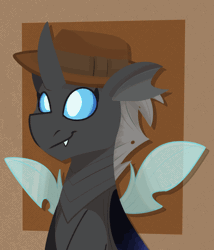 Size: 1200x1400 | Tagged: safe, artist:modularpon, oc, oc only, oc:closed case, changeling, :p, animated, buzzing wings, changeling oc, clothes, cute, gif, hat, simple background, smiling, solo, tongue out, wings