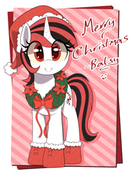 Size: 900x1200 | Tagged: safe, artist:thebatfang, oc, oc:blackjack, pony, unicorn, fallout equestria, fallout equestria: project horizons, christmas, clothes, cute, female, hat, holiday, horn, looking at you, mare, red eyes, santa hat, smiling, socks, solo, unicorn oc, wreath