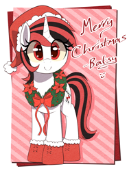 Size: 900x1200 | Tagged: safe, artist:thebatfang, oc, oc:blackjack, pony, unicorn, fallout equestria, fallout equestria: project horizons, christmas, clothes, colored sclera, cute, female, hat, holiday, horn, looking at you, mare, red eyes, santa hat, smiling, socks, solo, unicorn oc, wreath, yellow sclera