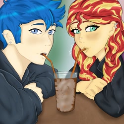 Size: 2048x2048 | Tagged: safe, artist:lisinxx_, flash sentry, sunset shimmer, human, equestria girls, g4, drink, drinking, female, high res, male, ship:flashimmer, shipping, straight, straw
