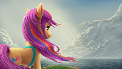 Size: 2560x1440 | Tagged: safe, artist:robin jacks, sunny starscout, earth pony, pony, g5, beautiful, butt, cloud, concave belly, female, gazing, looking forward, mane stripe sunny, mare, ocean, plot, sky, smiling, solo, standing, staring ahead, sunny's bag, tail, water, windswept mane, windswept tail