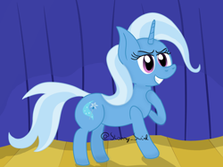 Size: 1600x1200 | Tagged: safe, artist:starry swirl, trixie, pony, unicorn, g4, female, grin, mare, missing accessory, smiling, solo, stage