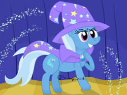 Size: 1600x1200 | Tagged: safe, alternate version, artist:starry swirl, trixie, pony, unicorn, g4, cape, clothes, female, fireworks, grin, hat, mare, smiling, solo, stage, trixie's cape, trixie's hat