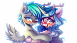 Size: 4000x2250 | Tagged: safe, artist:chaosangeldesu, izzy moonbow, oc, pegasus, pony, unicorn, g5, my little pony: a new generation, commission, cuddling, cute, duo, high res, hug, male, simple background, stallion, white background