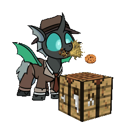 Size: 1000x1000 | Tagged: safe, artist:sugar morning, oc, oc only, oc:closed case, changeling, 2d to 3d, animated, block, changeling oc, clothes, commission, cookie, crafting, cute, cuteling, food, gif, green changeling, green wings, hat, male, minecraft, mouth hold, necktie, saw, silly, simple background, solo, sugar morning's miners, suit, transparent background, wheat, wings, ych result