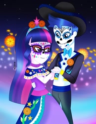 Size: 1688x2174 | Tagged: safe, artist:corlycolor, flash sentry, sci-twi, twilight sparkle, human, equestria girls, g4, dia de los muertos, duo, female, male, ship:flashlight, ship:sci-flash, shipping, straight