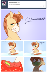 Size: 2720x4200 | Tagged: safe, artist:lolepopenon, oc, oc only, oc:ray o'sunshine, pegasus, pony, worm, ask, comic, disgusted, food, pegasus oc, strawberry