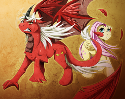 Size: 882x700 | Tagged: safe, artist:x0tashia0x, fluttershy, oc, oc:draco scales, alicorn, pegasus, pony, g4, pony to dragon, protecting, shipping, transformation