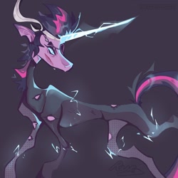 Size: 1280x1280 | Tagged: safe, artist:rus, twilight sparkle, pony, unicorn, g4, it's about time, bandage, catsuit, clothes, electricity, eyepatch, future twilight, glowing, glowing horn, gray background, horn, magic, magic aura, scar, simple background, sneaking suit, solo, unicorn twilight