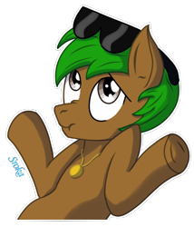 Size: 452x527 | Tagged: safe, artist:sroka001, oc, oc:peatmoss, colt, foal, glasses, green mane, jewelry, male, reaction image, scrunchy face, shrug