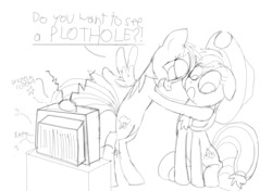 Size: 762x535 | Tagged: safe, artist:cgeta, applejack, rainbow dash, earth pony, pegasus, pony, g4, :c, duo, frown, implied lesbian, innuendo, monochrome, plothole, pun, sketch, television