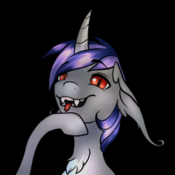 Size: 3000x3000 | Tagged: safe, artist:ihazskin, oc, oc:dreaming star, bat pony, bat pony unicorn, hybrid, pony, undead, unicorn, vampire, bat pony oc, chest fluff, commission, fangs, high res, horn, looking at you, male, pale belly, red eyes, simple background, solo, stallion, tongue out, ych result