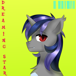 Size: 4000x4000 | Tagged: safe, artist:lamaka, oc, oc:dreaming star, bat pony, bat pony unicorn, hybrid, pony, unicorn, bat pony oc, bust, chest fluff, commission, cyberpunk, fangs, horn, looking at you, male, pale belly, portrait, red eyes, simple background, solo, stallion, text, ych result