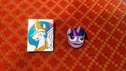 Size: 4000x2250 | Tagged: safe, artist:fluffyorbiter, princess celestia, twilight sparkle, princess molestia, g4, badge, faic, handmade, merchandise, pins, pudding face